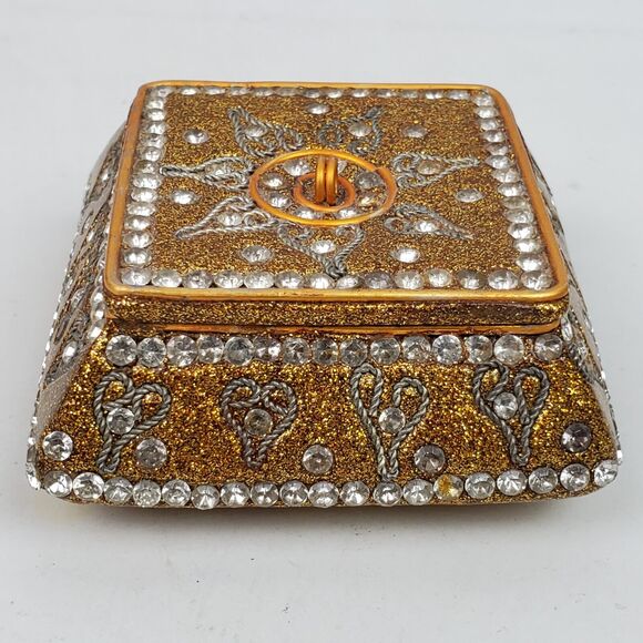 Vintage Elegant Royalty Trinket Box 2.5 Inch Square Solid Heavy w/ Rhinestones - Picture 1 of 7